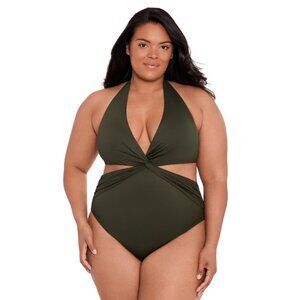Lauren Ralph Lauren Olive Twist Front Cut Out One Piece Swimsuit 16W NWT